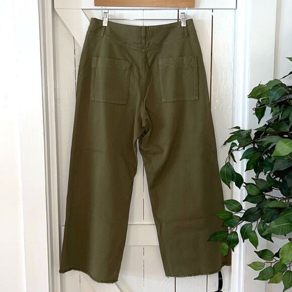 Zara Womens Frayed High Waist Side Zip Wide Leg Pants Olive Green Size 8 - Picture 3 of 8